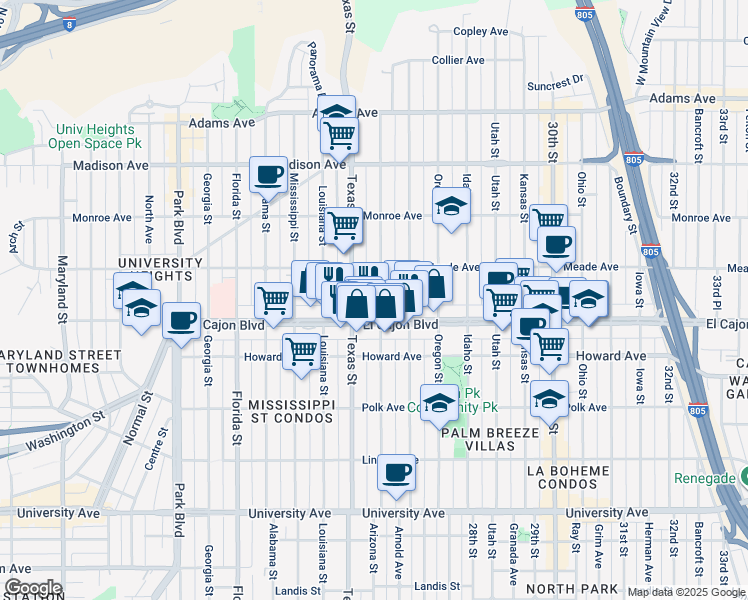 map of restaurants, bars, coffee shops, grocery stores, and more near 2432 El Cajon Boulevard in San Diego