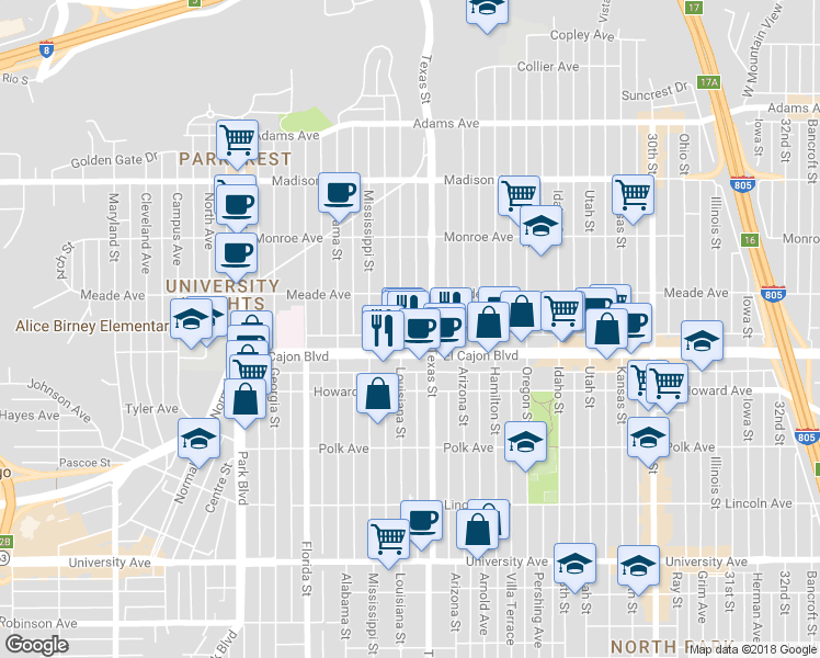 map of restaurants, bars, coffee shops, grocery stores, and more near in San Diego