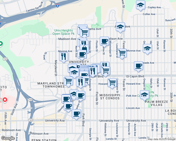 map of restaurants, bars, coffee shops, grocery stores, and more near 1844 El Cajon Boulevard in San Diego