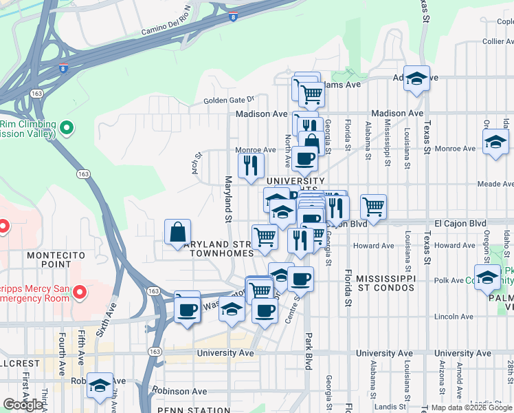 map of restaurants, bars, coffee shops, grocery stores, and more near 1440 Van Buren Avenue in San Diego