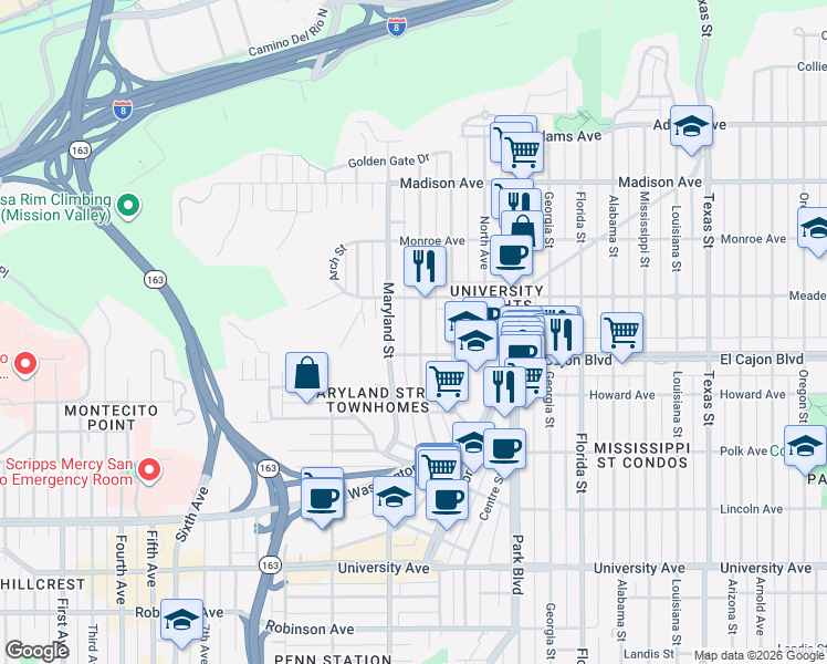 map of restaurants, bars, coffee shops, grocery stores, and more near 1440 Van Buren Avenue in San Diego