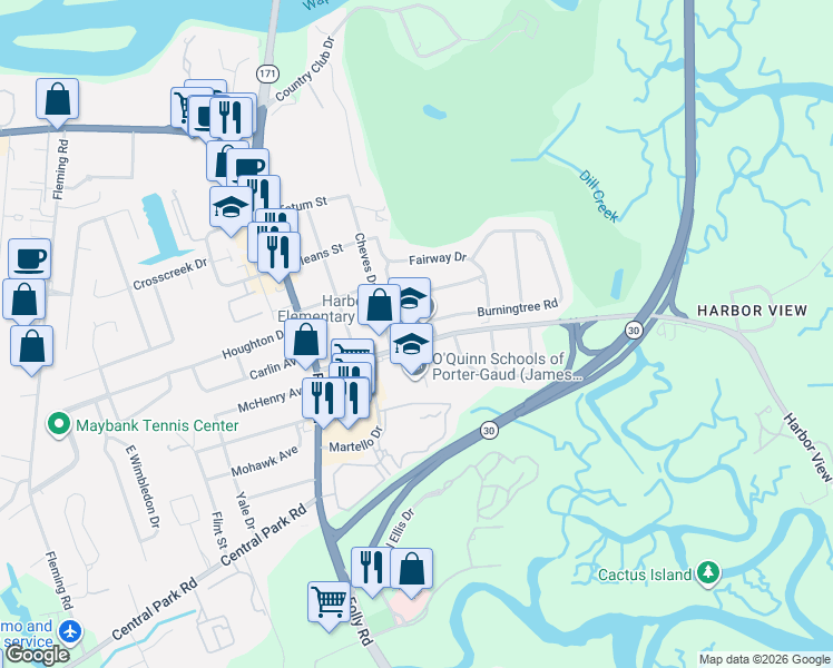 map of restaurants, bars, coffee shops, grocery stores, and more near 1563 Harbor View Road in Charleston