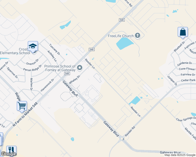 map of restaurants, bars, coffee shops, grocery stores, and more near 1000 Reeder Lane in Forney
