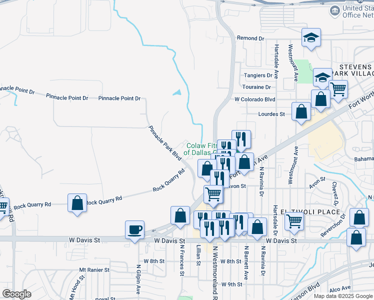 map of restaurants, bars, coffee shops, grocery stores, and more near 1150 Pinnacle Park Boulevard in Dallas