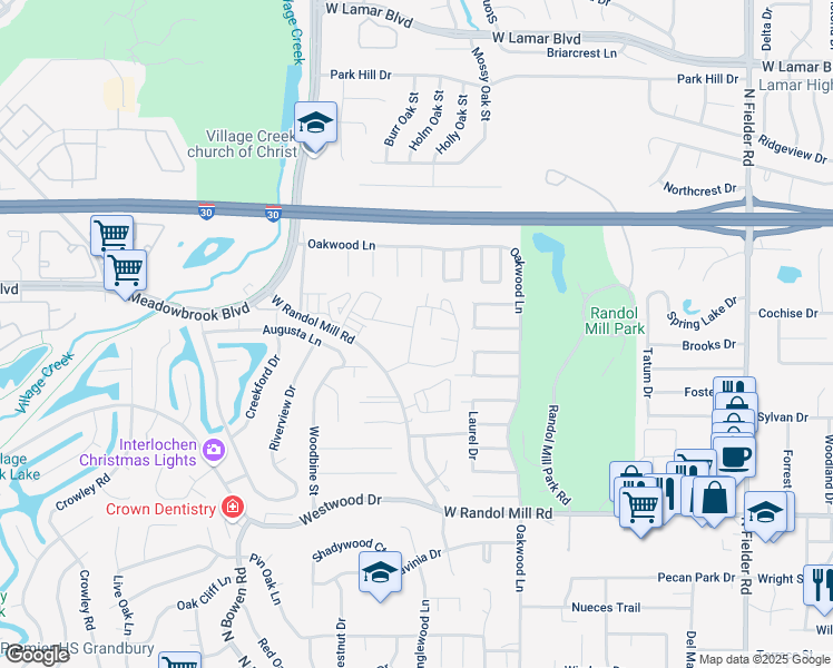 map of restaurants, bars, coffee shops, grocery stores, and more near 2601 West Randol Mill Road in Arlington