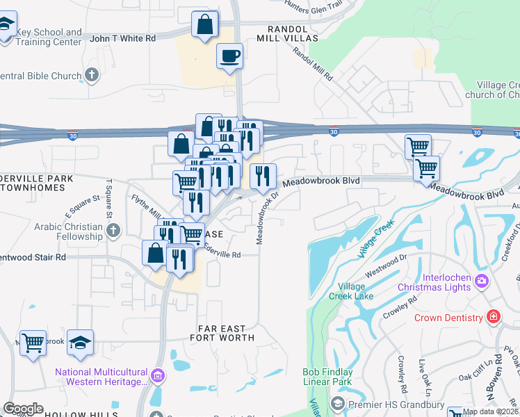 map of restaurants, bars, coffee shops, grocery stores, and more near 8705 Meadowbrook Drive in Fort Worth