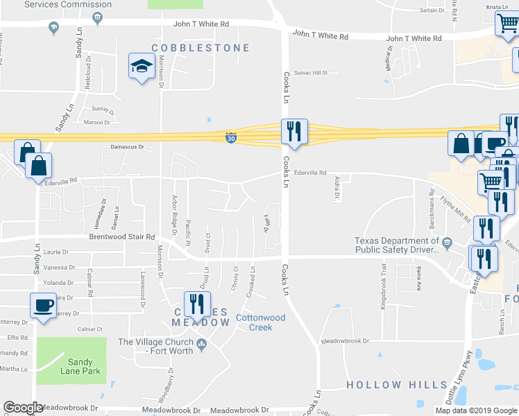 map of restaurants, bars, coffee shops, grocery stores, and more near 1701 Crooked Lane in Fort Worth