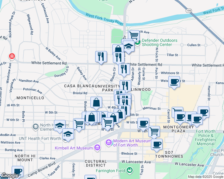 map of restaurants, bars, coffee shops, grocery stores, and more near 3129 Sondra Drive in Fort Worth