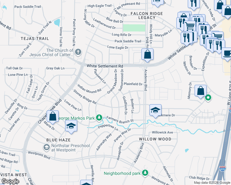 map of restaurants, bars, coffee shops, grocery stores, and more near 321 Suttonwood Drive in Fort Worth