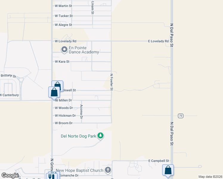 map of restaurants, bars, coffee shops, grocery stores, and more near 5023 North Fowler Street in Hobbs