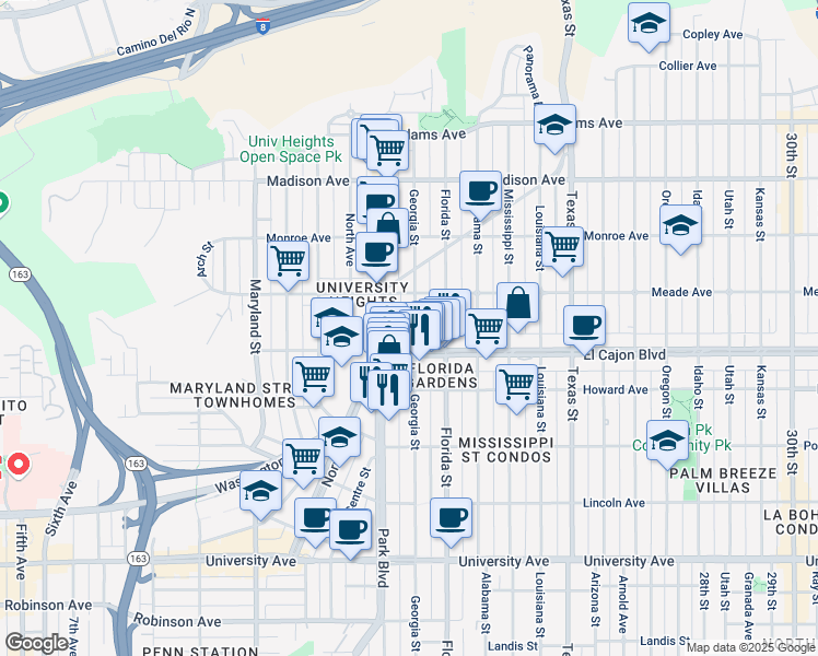 map of restaurants, bars, coffee shops, grocery stores, and more near 4340 Georgia Street in San Diego