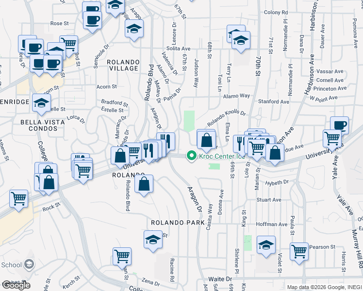 map of restaurants, bars, coffee shops, grocery stores, and more near 4329 Alamo Drive in San Diego
