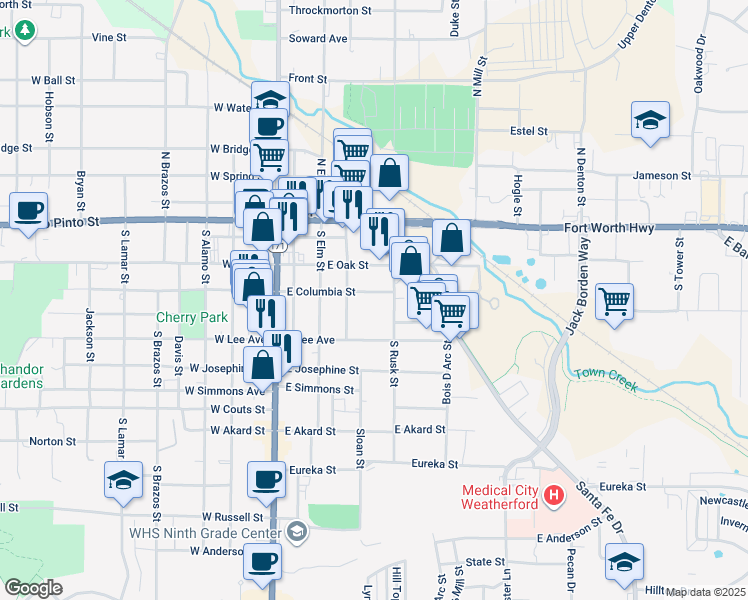 map of restaurants, bars, coffee shops, grocery stores, and more near 312 East Columbia Street in Weatherford