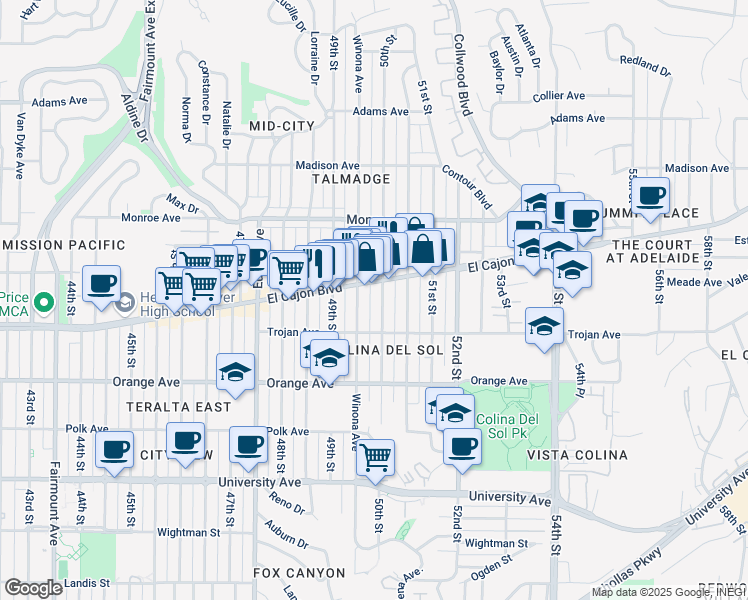 map of restaurants, bars, coffee shops, grocery stores, and more near 4364 50th Street in San Diego
