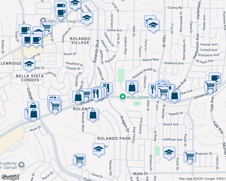 map of restaurants, bars, coffee shops, grocery stores, and more near 4330 Alamo Drive in San Diego