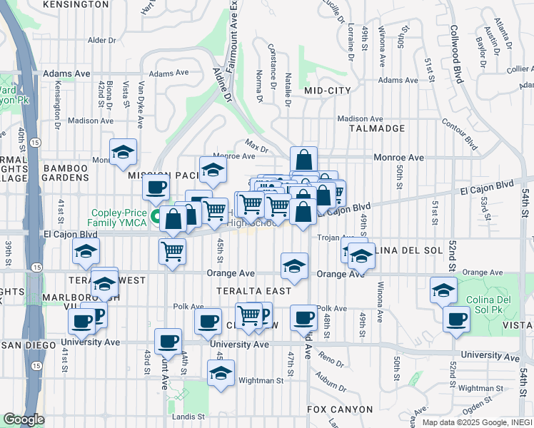 map of restaurants, bars, coffee shops, grocery stores, and more near 4644 El Cajon Boulevard in San Diego