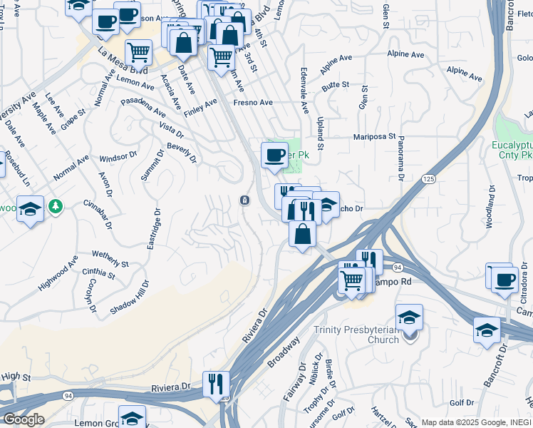map of restaurants, bars, coffee shops, grocery stores, and more near 4242 Spring Street in La Mesa
