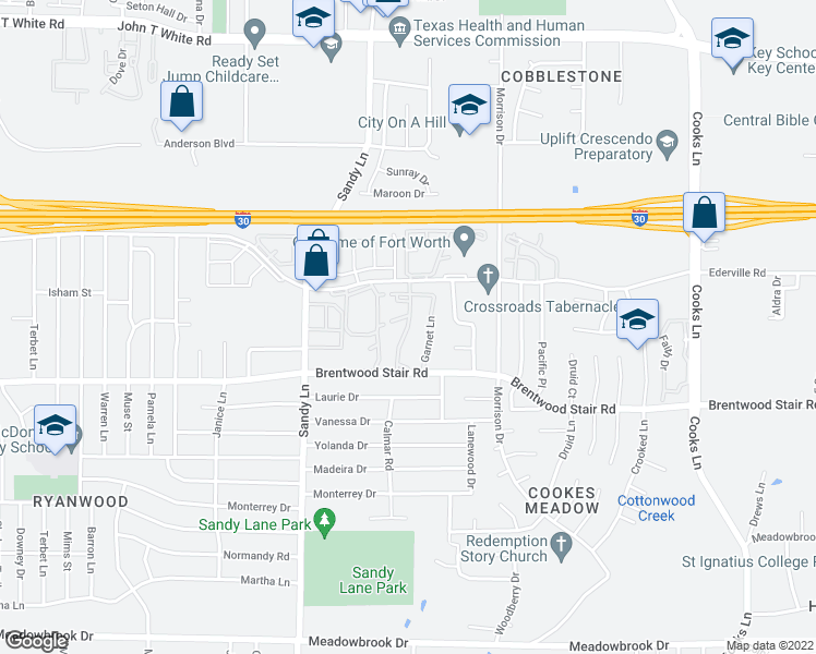 map of restaurants, bars, coffee shops, grocery stores, and more near Homedale Drive in Fort Worth