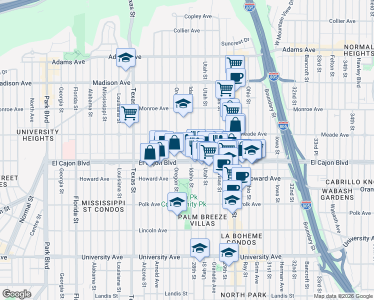 map of restaurants, bars, coffee shops, grocery stores, and more near 4336 Idaho Street in San Diego