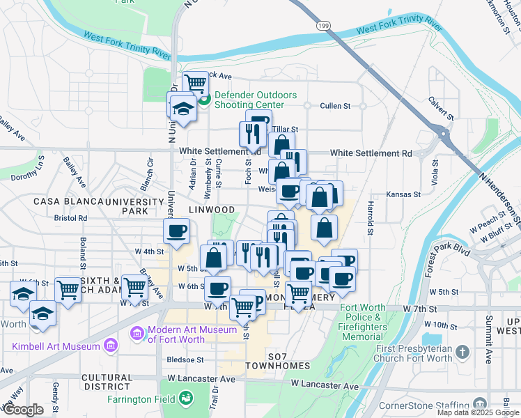 map of restaurants, bars, coffee shops, grocery stores, and more near 2720 Azalea Avenue in Fort Worth