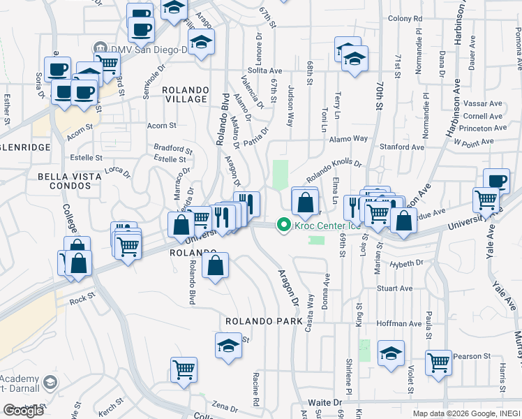 map of restaurants, bars, coffee shops, grocery stores, and more near 4330 Alamo Drive in San Diego