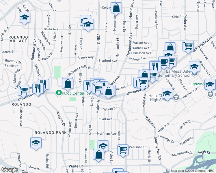 map of restaurants, bars, coffee shops, grocery stores, and more near 4264 Harbinson Avenue in La Mesa