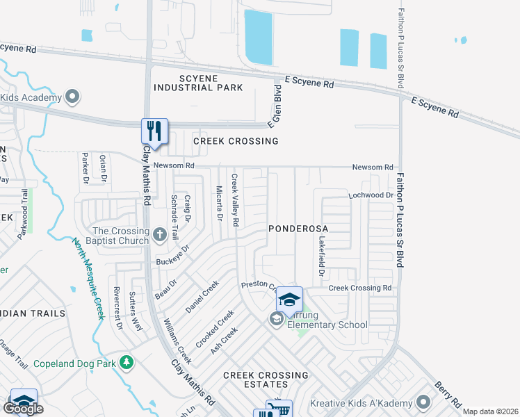 map of restaurants, bars, coffee shops, grocery stores, and more near 2904 Berrywood Court in Mesquite
