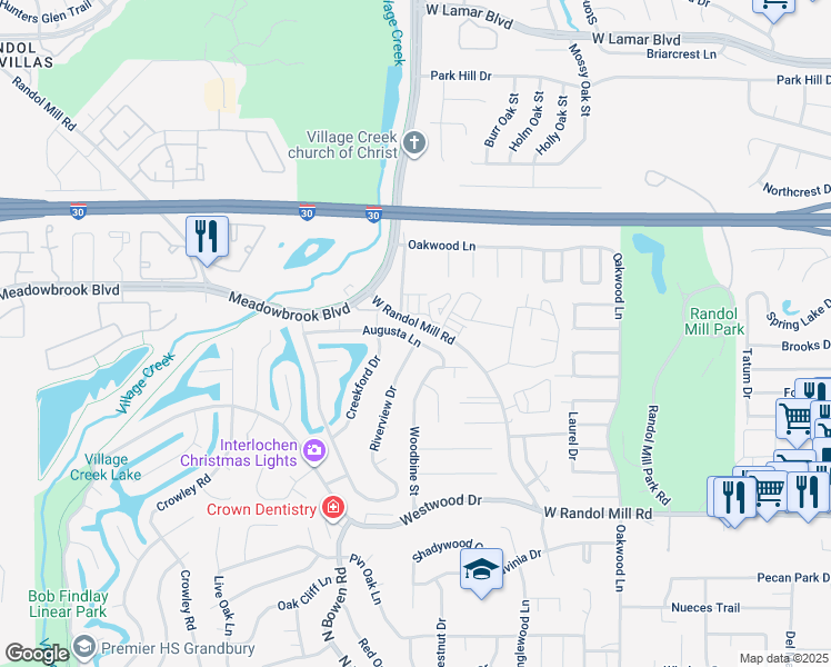 map of restaurants, bars, coffee shops, grocery stores, and more near 1508 Riverview Drive in Arlington