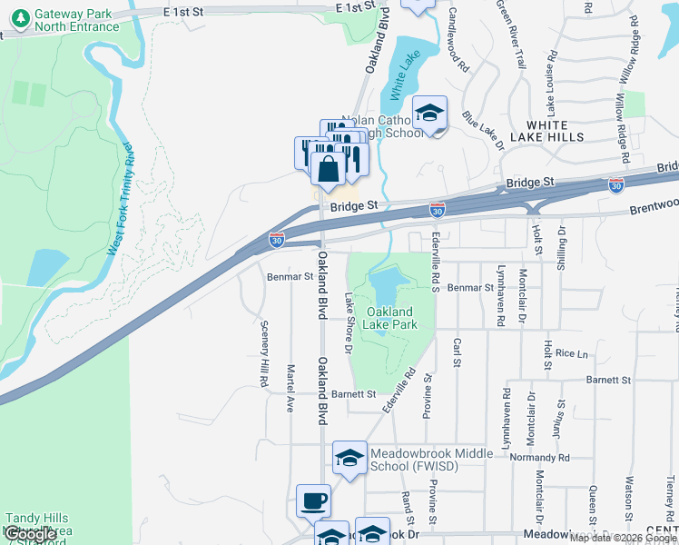 map of restaurants, bars, coffee shops, grocery stores, and more near 1617 Oakland Boulevard in Fort Worth