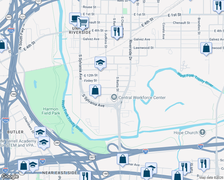 map of restaurants, bars, coffee shops, grocery stores, and more near 2820 Gipson Street in Fort Worth
