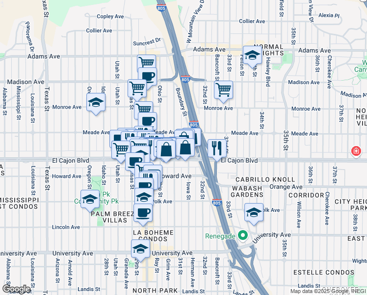 map of restaurants, bars, coffee shops, grocery stores, and more near 4336 Iowa Street in San Diego