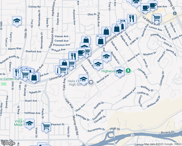 map of restaurants, bars, coffee shops, grocery stores, and more near 4281 Lowell Street in La Mesa