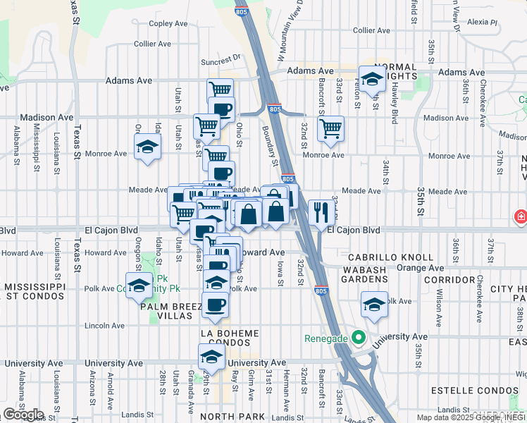 map of restaurants, bars, coffee shops, grocery stores, and more near 3104 El Cajon Boulevard in San Diego
