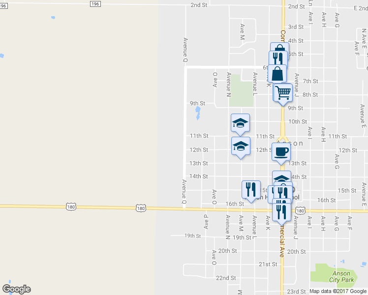 map of restaurants, bars, coffee shops, grocery stores, and more near 1132 Avenue Q in Anson