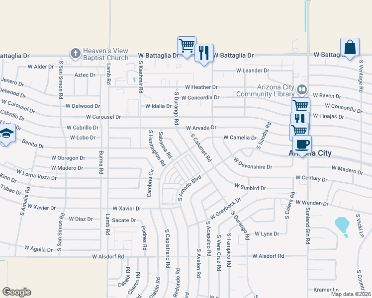map of restaurants, bars, coffee shops, grocery stores, and more near 13699 South Durango Road in Arizona City