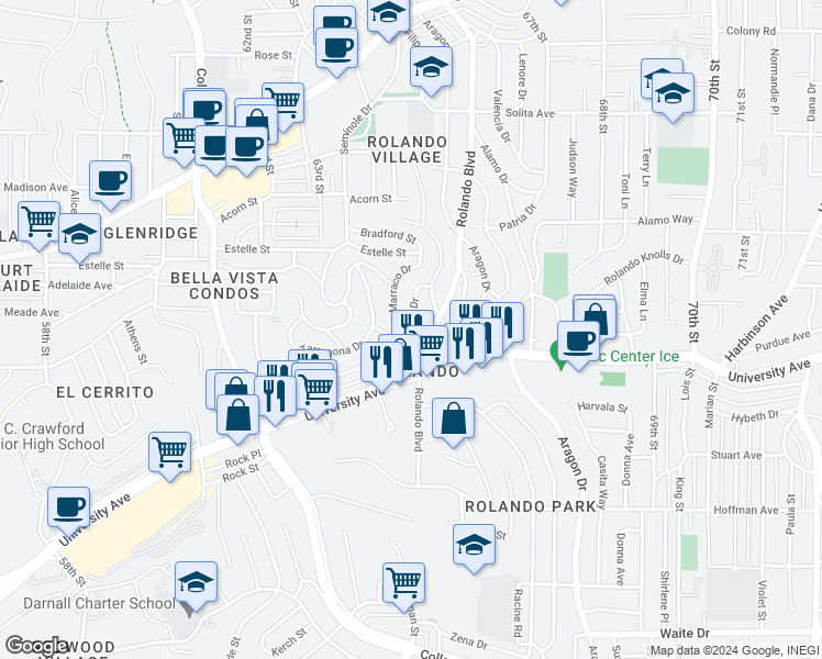 map of restaurants, bars, coffee shops, grocery stores, and more near 4317 Lerida Drive in San Diego