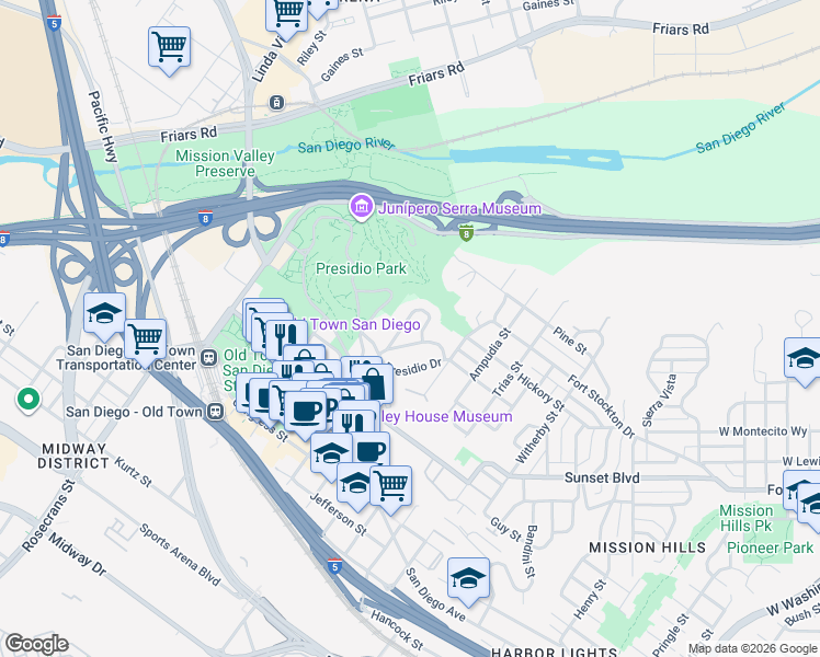 map of restaurants, bars, coffee shops, grocery stores, and more near 2467 Marilouise Way in San Diego