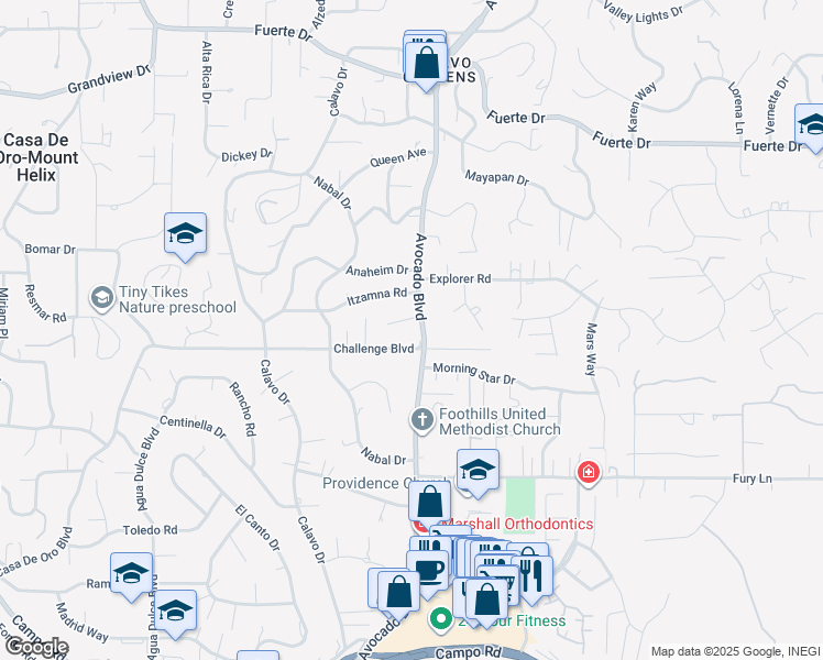 map of restaurants, bars, coffee shops, grocery stores, and more near 4222 Avocado Boulevard in La Mesa