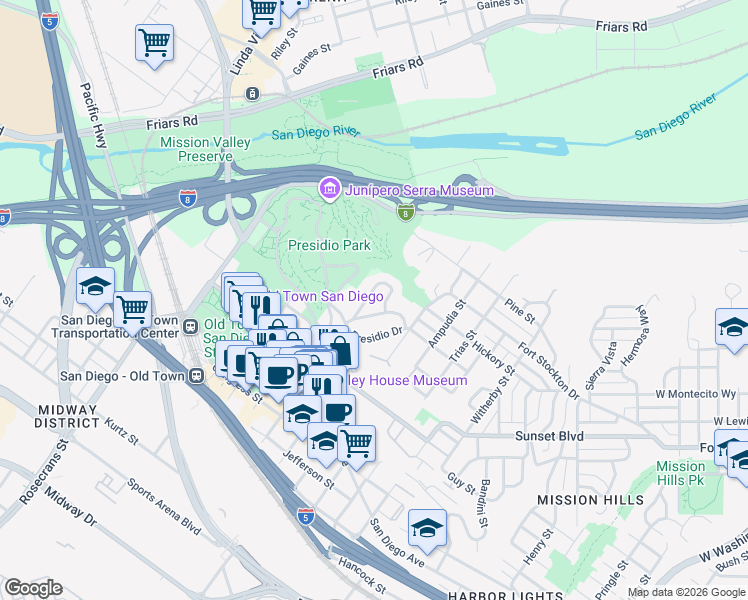 map of restaurants, bars, coffee shops, grocery stores, and more near 4265 Altamirano Way in San Diego