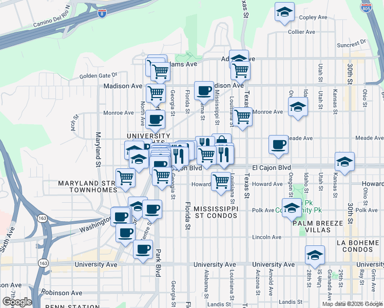 map of restaurants, bars, coffee shops, grocery stores, and more near 4345 Florida Street in San Diego