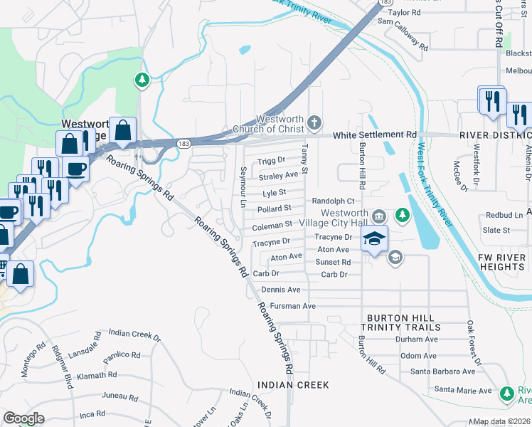 map of restaurants, bars, coffee shops, grocery stores, and more near 5845 Pollard Street in Westworth Village