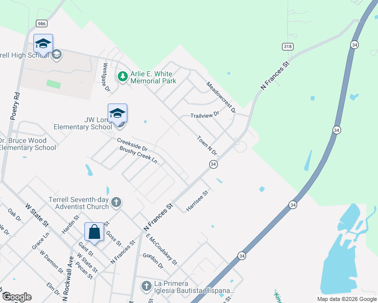 map of restaurants, bars, coffee shops, grocery stores, and more near 1717 North Frances Street in Terrell
