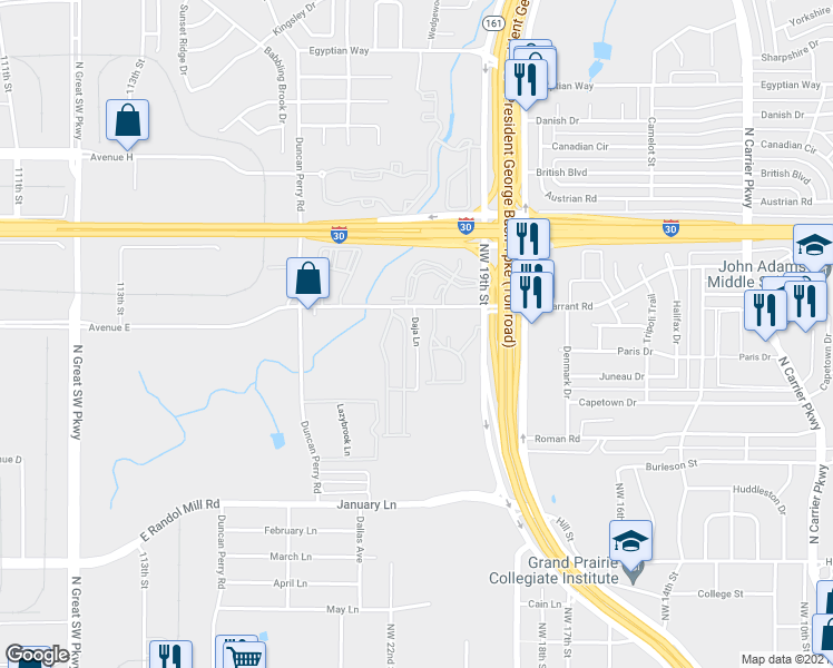 map of restaurants, bars, coffee shops, grocery stores, and more near 1332 Daja Lane in Grand Prairie