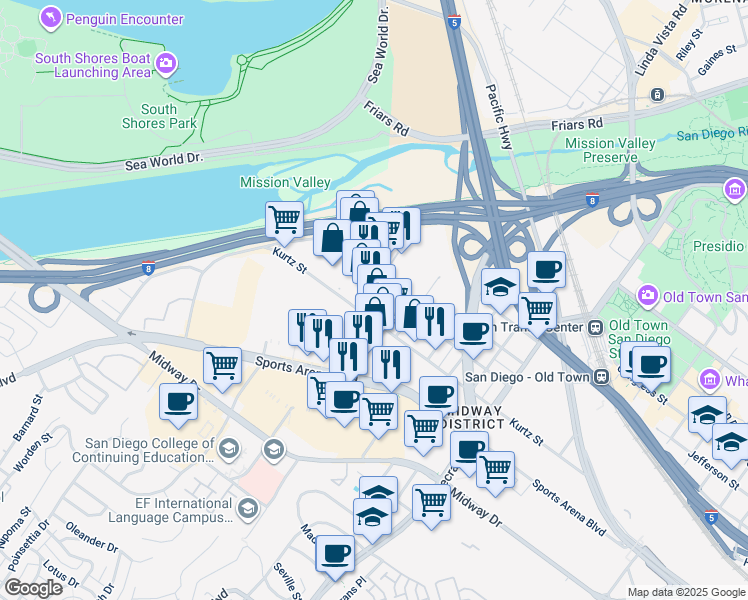 map of restaurants, bars, coffee shops, grocery stores, and more near 3430 Kurtz Street in San Diego