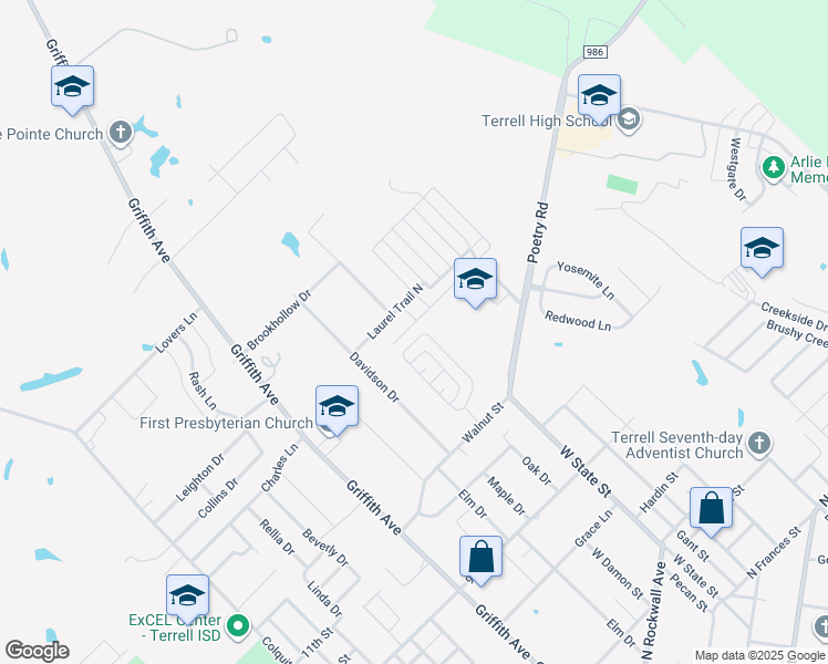map of restaurants, bars, coffee shops, grocery stores, and more near 129 Poinsetta Circle in Terrell
