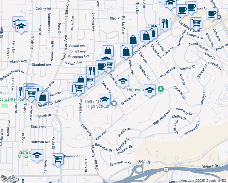 map of restaurants, bars, coffee shops, grocery stores, and more near 4287 Lowell Street in La Mesa