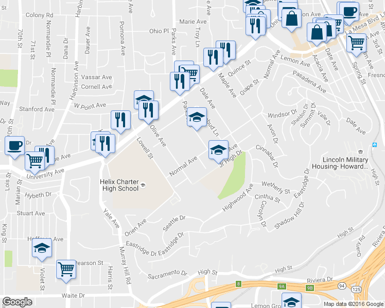 map of restaurants, bars, coffee shops, grocery stores, and more near 7631 Normal Avenue in La Mesa