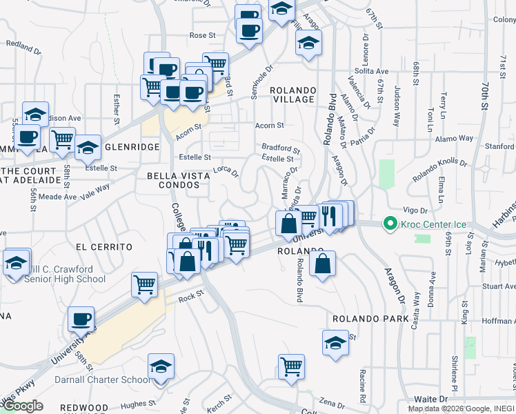 map of restaurants, bars, coffee shops, grocery stores, and more near 6236 Tarragona Drive in San Diego
