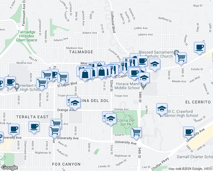map of restaurants, bars, coffee shops, grocery stores, and more near 4322 52nd Street in San Diego