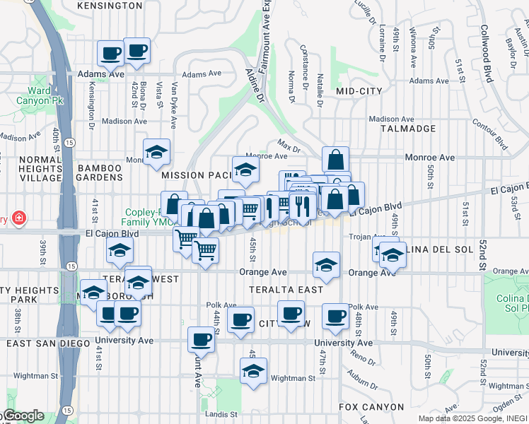 map of restaurants, bars, coffee shops, grocery stores, and more near 4474 45th Street in San Diego